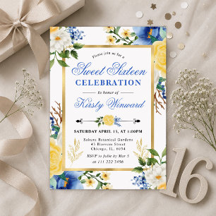 Convite Aquarela Flores Azuis e Amarelas Sweet 16