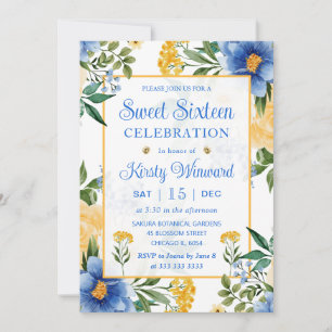 Convite Aquarela Flores Azuis e Amarelas Sweet Sixteen