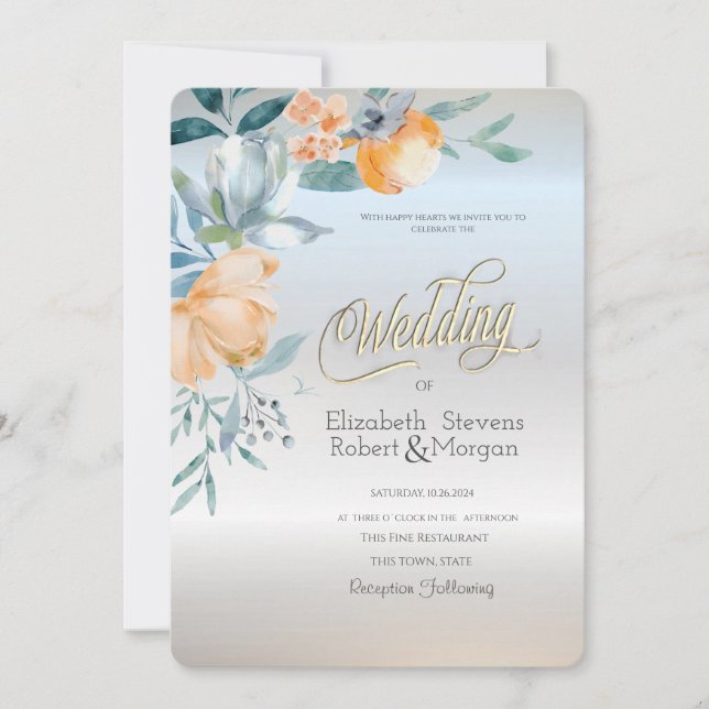Convite Aquarela Flores Azul Empoeirado Casamento Prata (Frente)