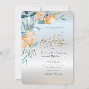 Convite Aquarela Flores Azul Empoeirado Casamento Prata
