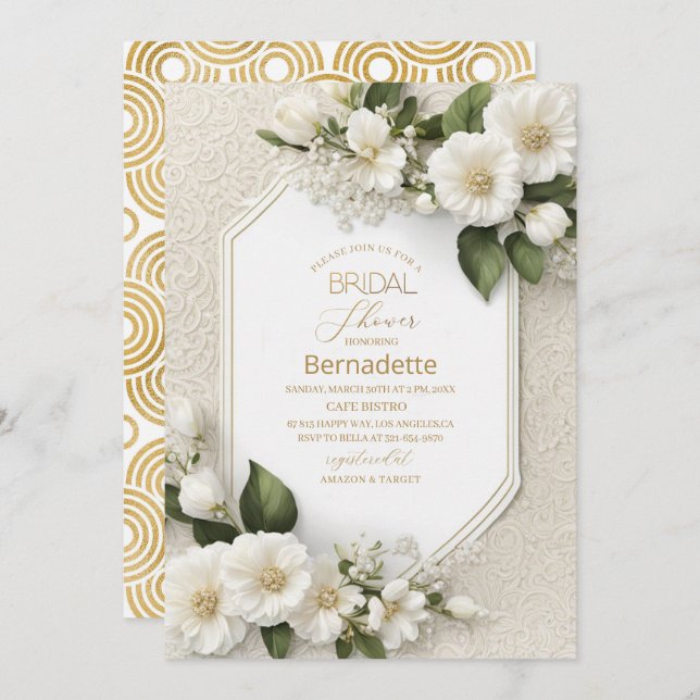 Convite Aquarela Flores Brancas 3D douradas Chá de Noiva (Frente/Verso)