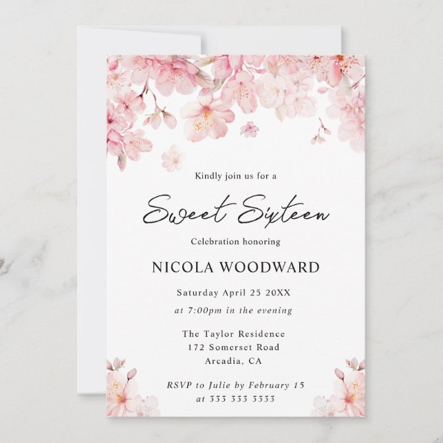 Convite Aquarela Flores de Cerejeira Primavera Doce Dezess (Frente)
