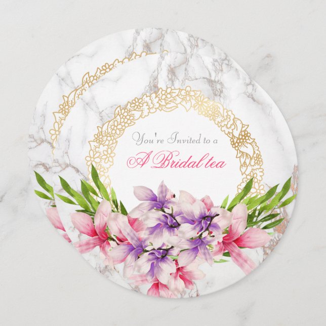 Convite Aquarela Flores de Magnoilia no Chá Marble Bridal (Frente/Verso)