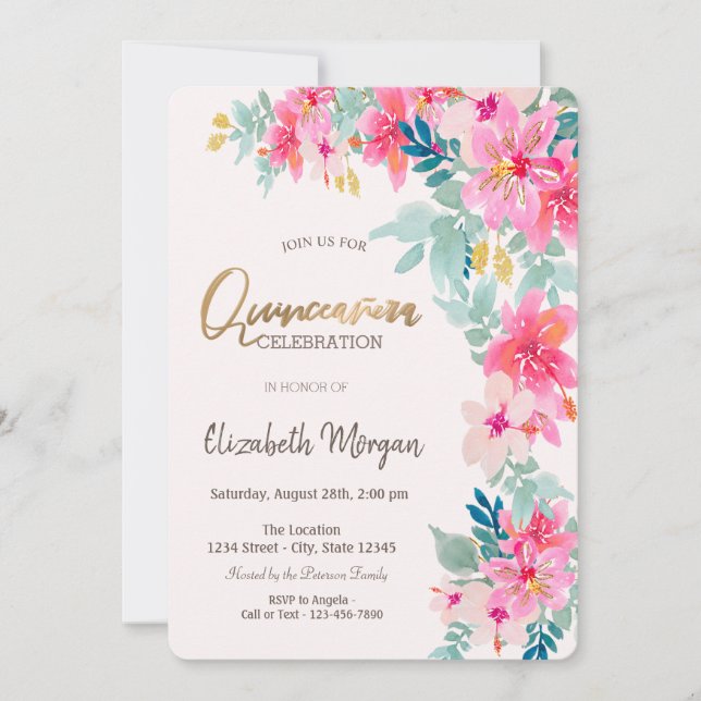 Convite Aquarela Flores de Primavera Quinceañera (Frente)
