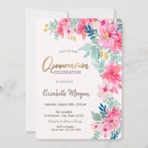 Convite Aquarela Flores de Primavera Quinceañera