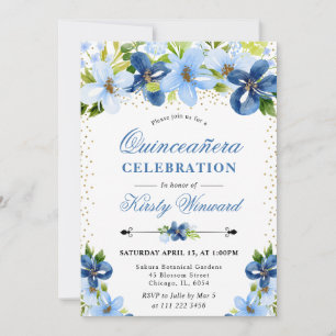 Convite Aquarela Flores de Verão Azul Quinceanera