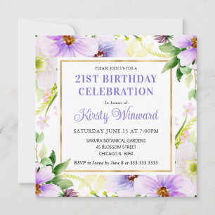 Convite Aquarela Flores de Verão Creme Roxo Aniversário