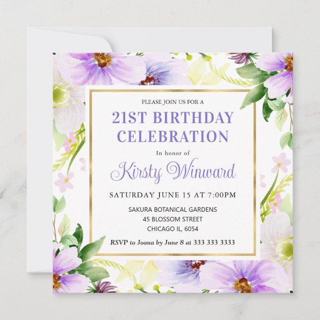 Convite Aquarela Flores de Verão Creme Roxo Aniversário (Frente)