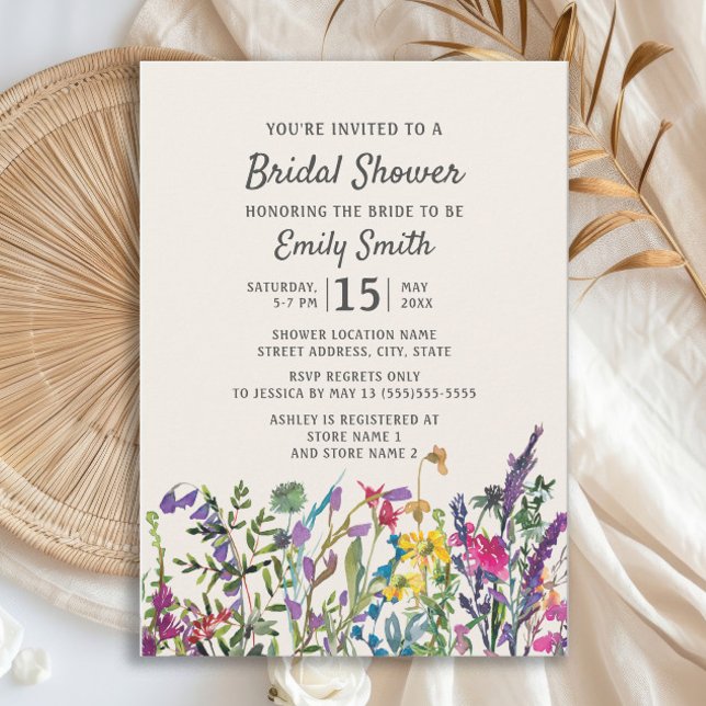 Convite Aquarela Flores Florais Chá de panela Roxo (Watercolor wildflower bridal shower invitation)