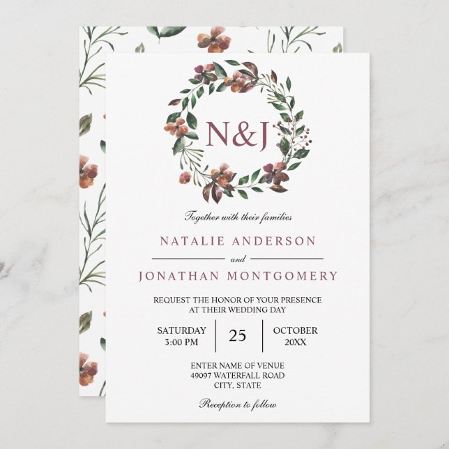 Convite aquarela flores florais elegantes (Frente/Verso)