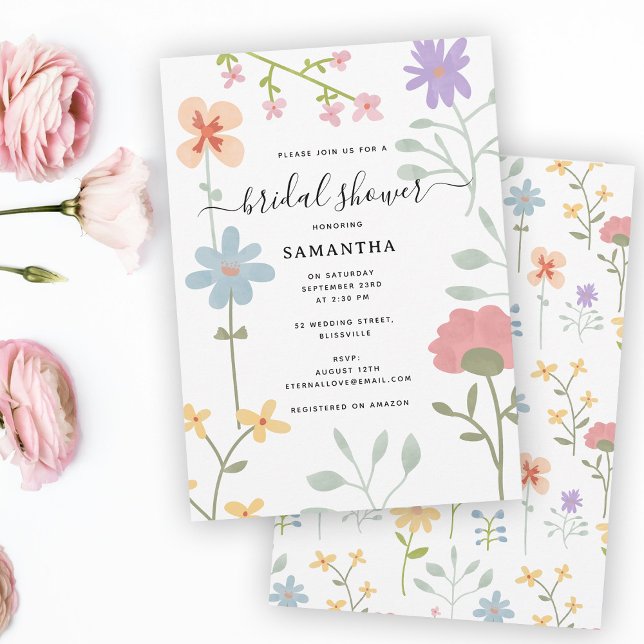 Convite Aquarela Flores Flóridas Chá de panela (Watercolor Wildflowers Floral Bridal Shower Invitation)