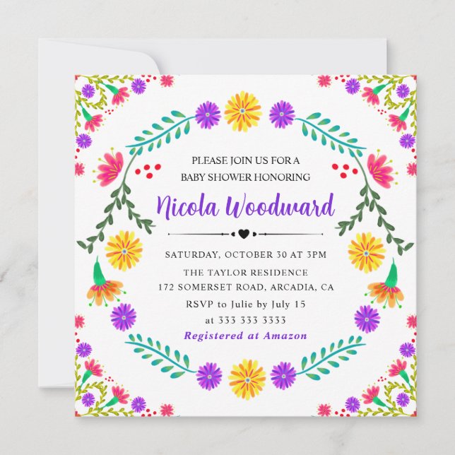 Convite Aquarela Flores mexicanas Baby Shower Fiesta (Frente)