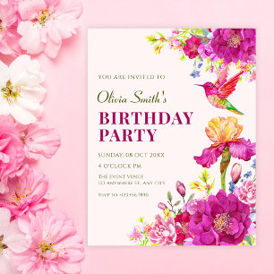 Convite Aquarela flores pássaro aniversário