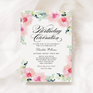 Convite Aquarela Flores Rosa Aniversário