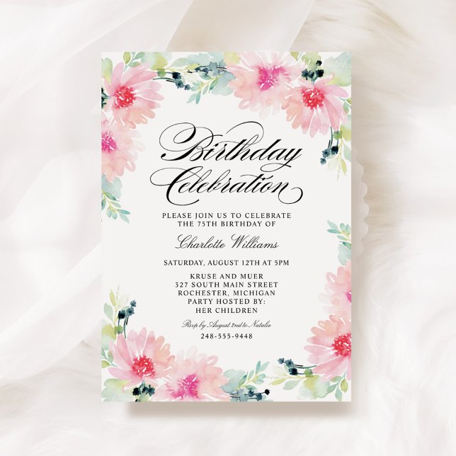 Convite Aquarela Flores Rosa Aniversário (Criador carregado)