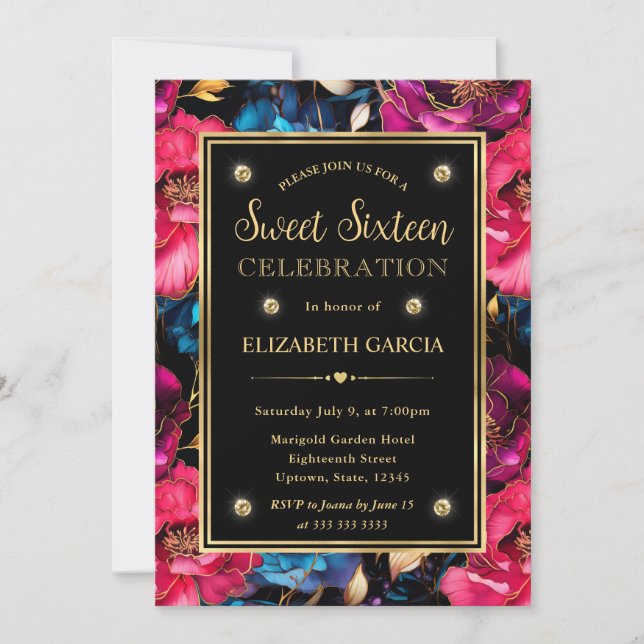 Convite Aquarela Flores Rosa Azul & Dourado Sweet 16 (Frente)