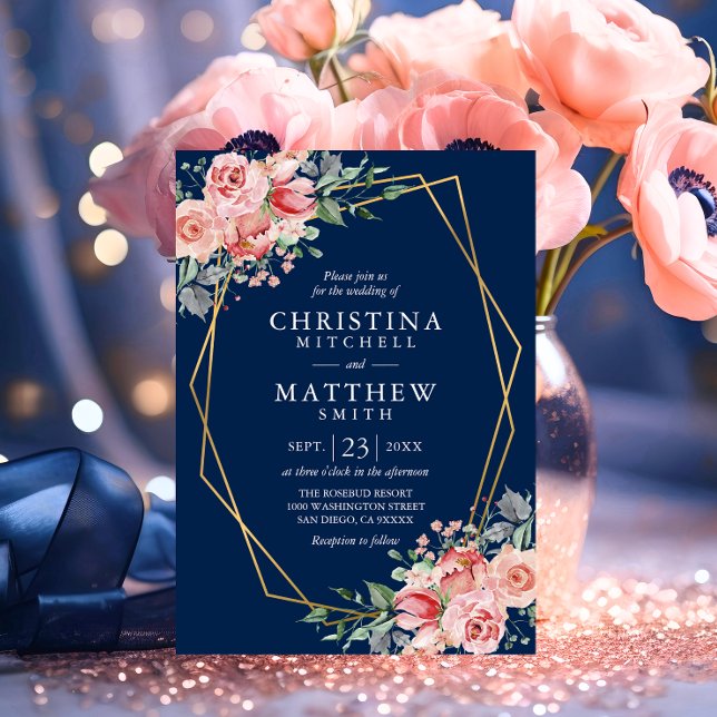 Convite Aquarela Flores Rosa Bege Azul Marinho Casamento (Watercolor Floral Blush Pink Navy Blue Wedding Invitation)