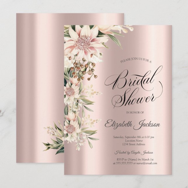 Convite Aquarela Flores Rosa Chá de panela Dourado (Frente/Verso)