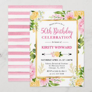 Convite Aquarela Flores Rosa e Amarela Aniversário de 50 a