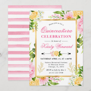 Convite Aquarela Flores Rosa e Amarela Quinceanera