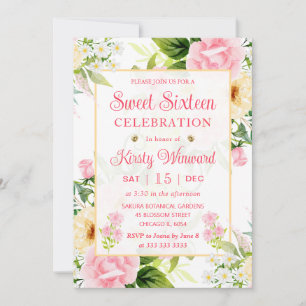 Convite Aquarela Flores Rosa e Amarelo Sweet Sixteen