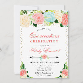 Convite Aquarela Flores Rosa e Verde Água Quinceanera