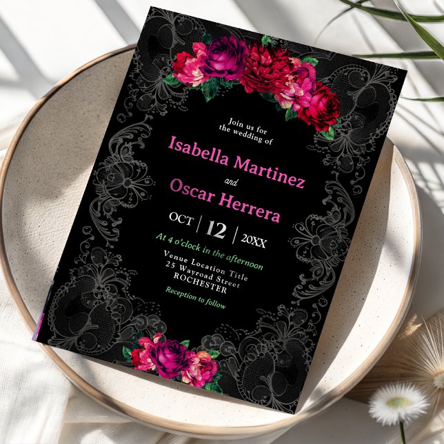Convite Aquarela flores rosa mexicano casamento preto (Criador carregado)
