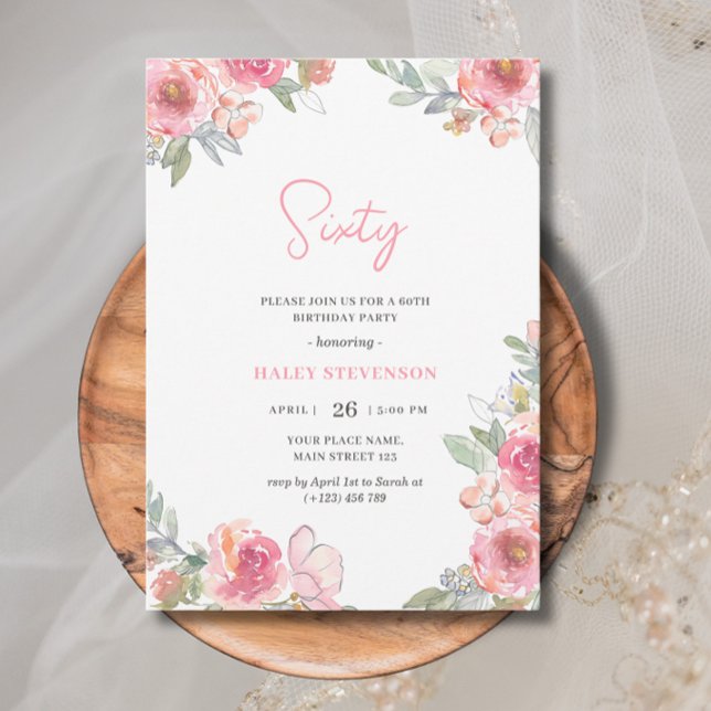 Convite Aquarela Flores Rosa Sessenta Aniversário Boho Chi (Criador carregado)