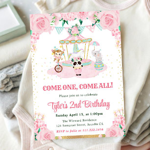 Convite Aquarela Flores Rosadas Animais Festa de Aniversár