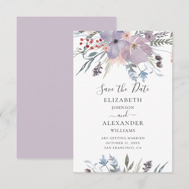 Convite Aquarela flores roxas. Casamento floral lilás (Frente/Verso)
