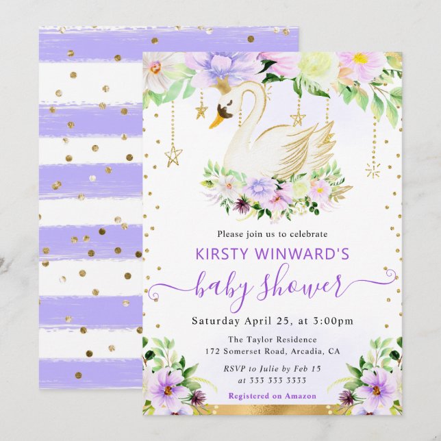 Convite Aquarela Flores Roxas e Creme Chá de Bebê Cisne (Frente/Verso)