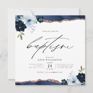 Convite aquarela flores script baptismo azul