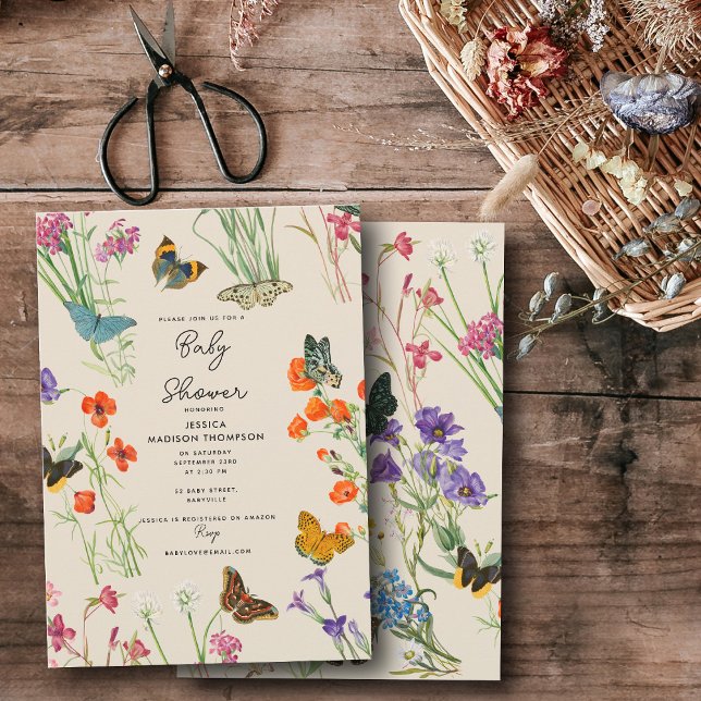 Convite Aquarela Flores Selvagens Chá de fraldas de Borbol (Watercolor Wildflowers Butterflies Baby Shower Invitation)