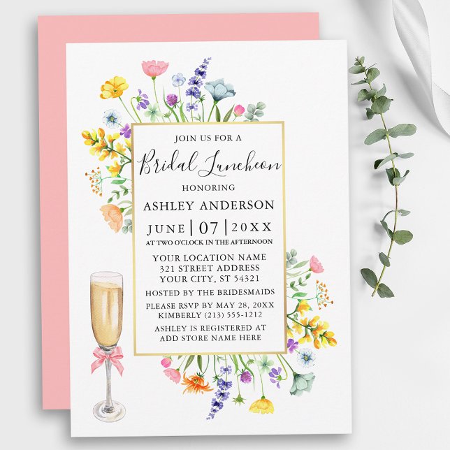Convite Aquarela Flores Selvagens Douradas Lunchedo Bridal (Customize to change text color, text style or color of back of card.)