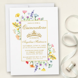 Convite Aquarela Flores Selvagens Quinceanera Dourada