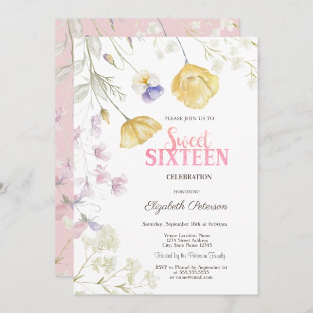 Convite Aquarela Flores Selvagens Sweet 16 (Frente/Verso)