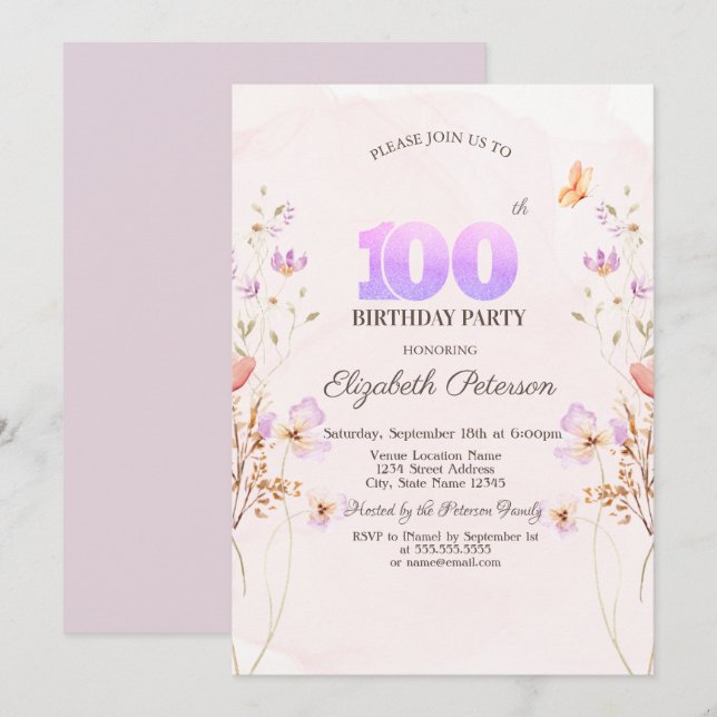 Convite Aquarela Flores Silvestres Borboleta 100º Aniversá (Frente/Verso)