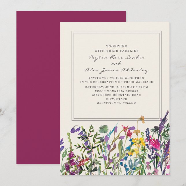 Convite Aquarela Flores Silvestres Creme Roxo Casamento (Frente/Verso)