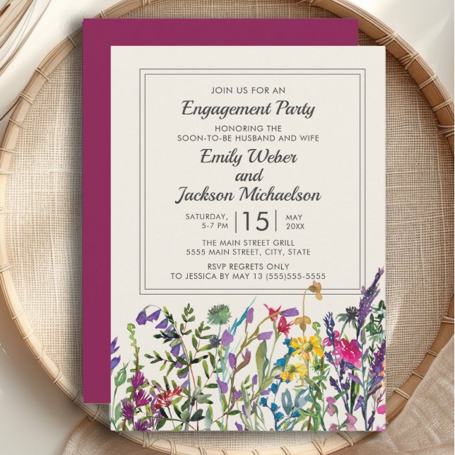Convite Aquarela Flores Silvestres Creme Roxo Noivado (Watercolor wildflowers engagement party invitation )