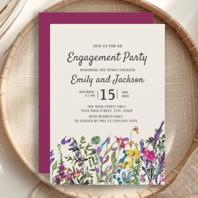 Convite Aquarela Flores Silvestres Floral Roxo Engajamento (Watercolor wildflowers engagement party invitation)