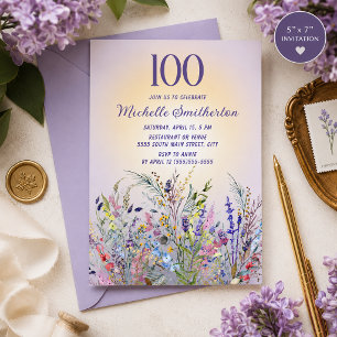 Convite Aquarela Flores Silvestres Lavanda 100º Aniversári
