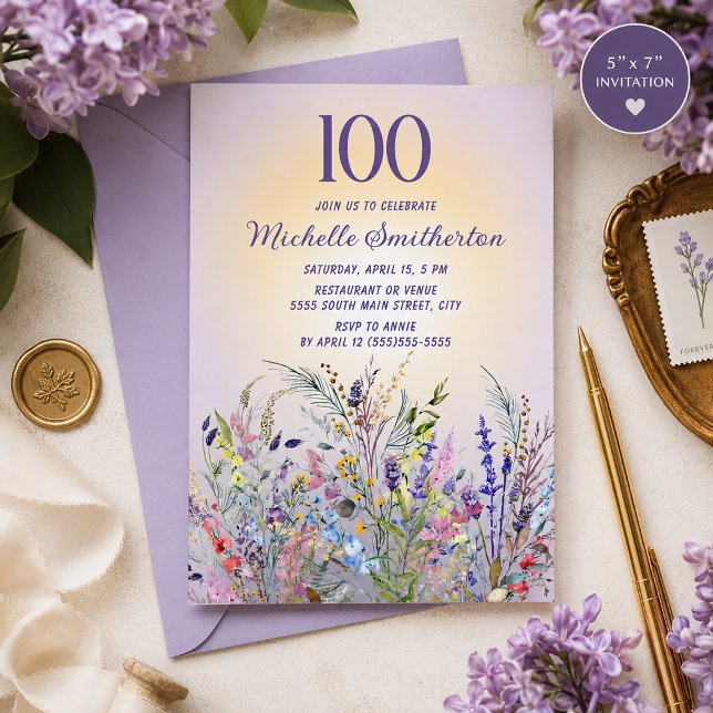Convite Aquarela Flores Silvestres Lavanda 100º Aniversári (Lavender watercolor wildflowers 100th birthday party invitation)