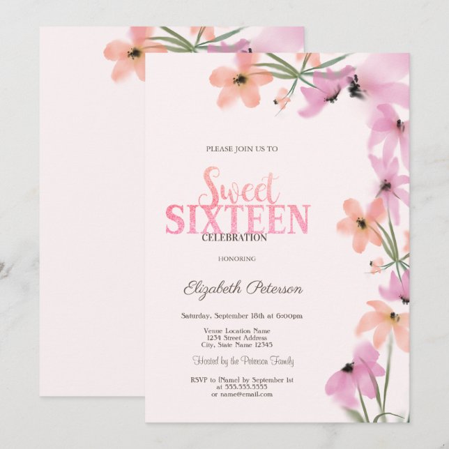 Convite Aquarela Flores Silvestres Rosa Flores Boho Sweet  (Frente/Verso)