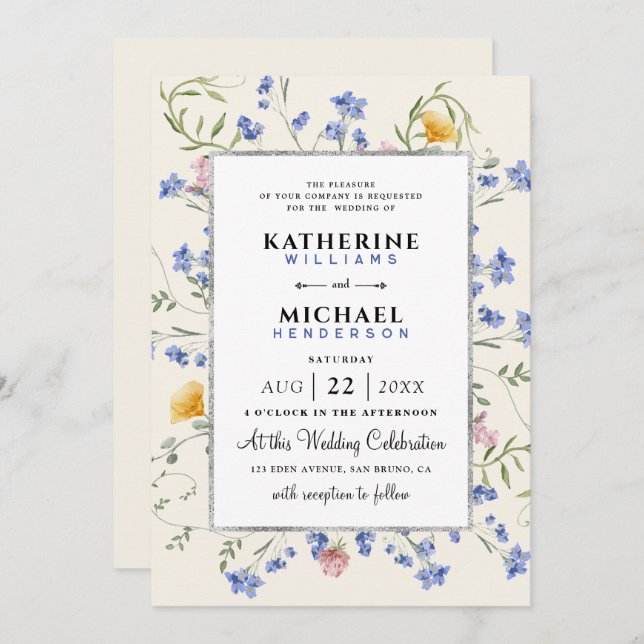 Convite aquarela Flores silvestres russas prado Foil Casam (Frente/Verso)