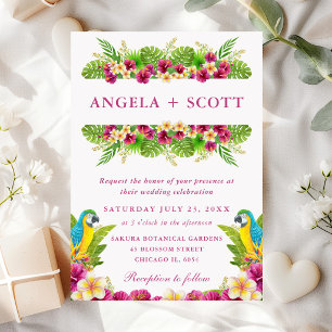 Convite Aquarela Flores Tropicais e Papagaios Casamento