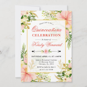 Convite Aquarela Flores Tropicais Rosa Quinceanera