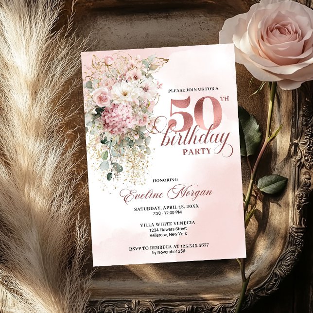Convite Aquarela Flores Verde 50º Aniversário (Watercolor Blush Florals Greenery 50th Birthday Party)