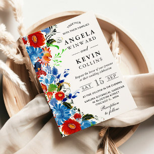 Convite Aquarela Flores Vermelhas e Azuis Casamento