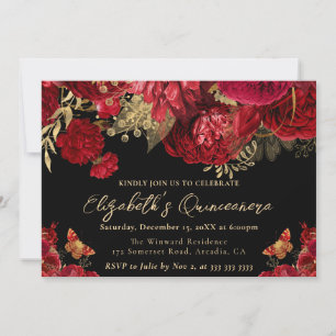 Convite Aquarela Flores Vermelhas e Douradas Quinceanera