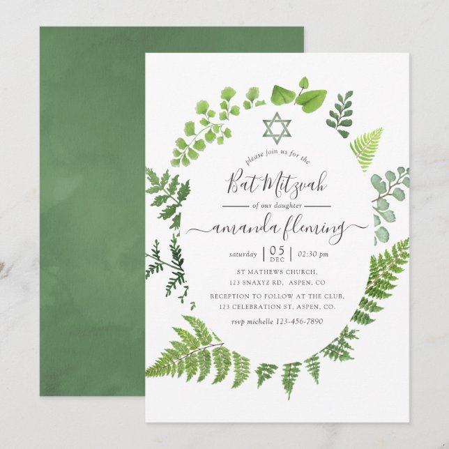 Convite Aquarela Floresta Verde Bat Mitzvah (Frente/Verso)